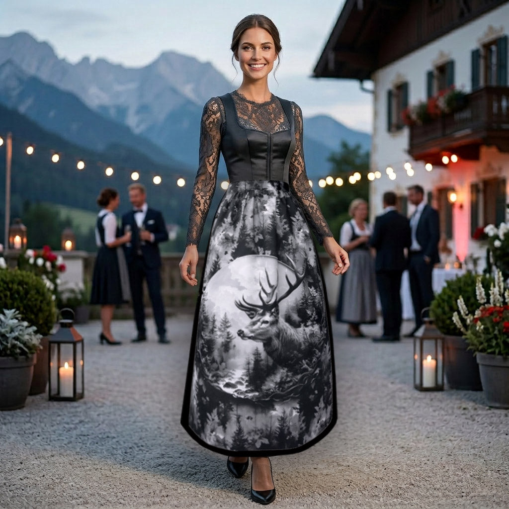 Alexandra Maxa_Dirndlschuerze_Model Hirsch im Nebelwald_SW_87cm Ki-Model