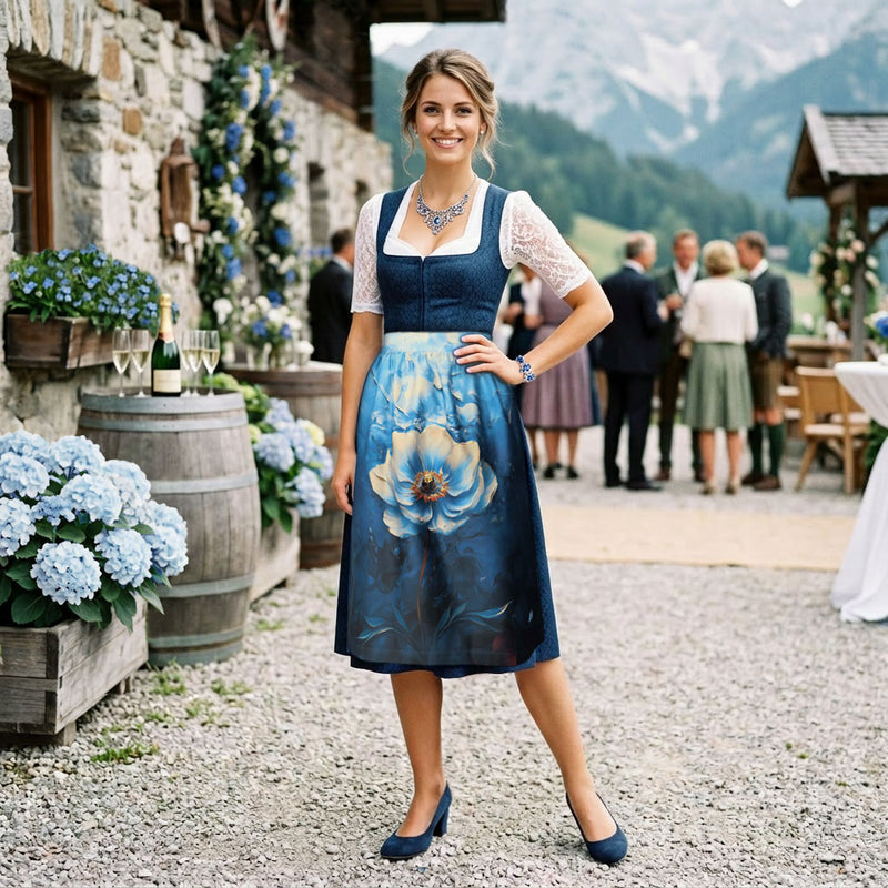 494-Dirndlschuerze-Midi-Bluetentraum-in-Blau-Alexandra-Maxa-Midi-68cm Ki Model Front