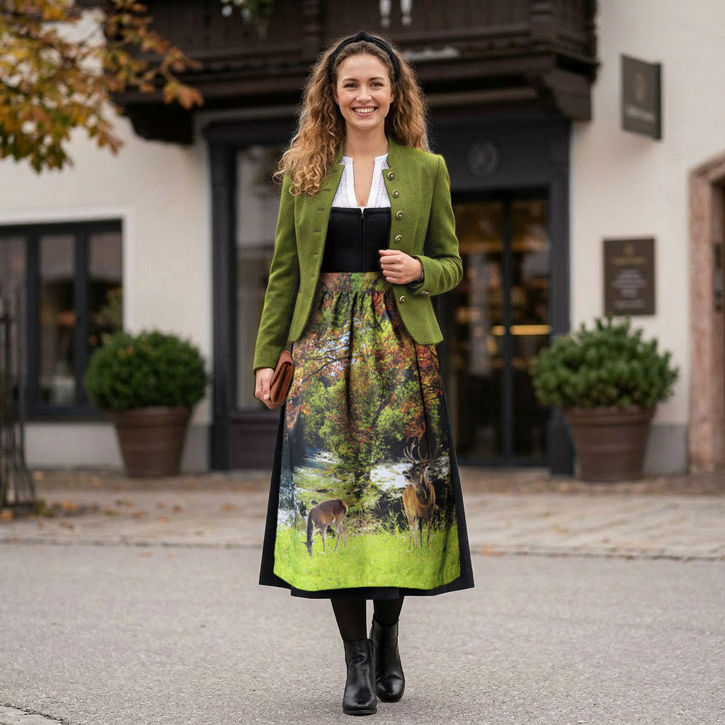 502-Dirndlschuerze-Midi-77cm-Waldlichtung-bunt-Alexandra-Maxa-TD-D07502-19 front Ki-Model