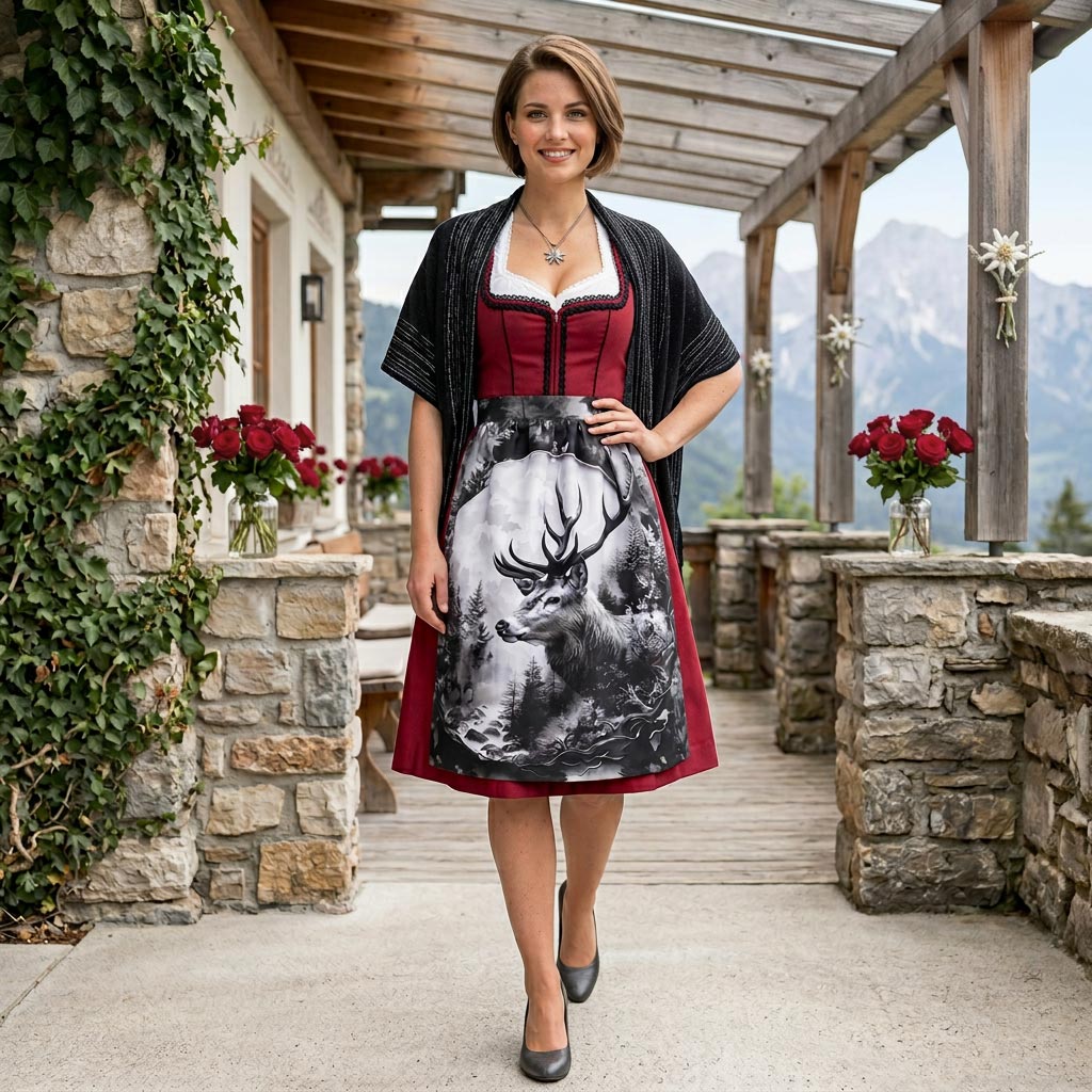 Dirndlschürze "Hirsch im Nebelwald" - s/w